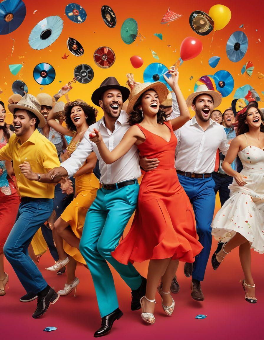 A vibrant collage of Latin entertainment elements, featuring joyful individuals dancing and laughing, surrounded by colorful streaming icons like film reels and music notes. Include elements of traditional Latin cultural motifs, like maracas and sombreros, radiating happiness. The background should be a lively combination of bright colors reflecting excitement and joy. super-realistic. vibrant colors. dynamic composition.