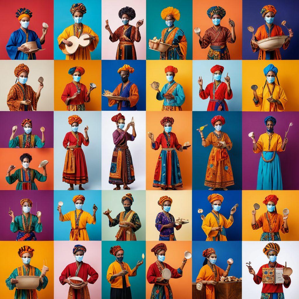 A dynamic collage showcasing diverse cultural elements: joyful people engaging in various traditional activities, vibrant performances, and colorful festivals, all connected by modern technology such as tablets and smartphones. Incorporate elements like streaming symbols and cultural artifacts to emphasize the fusion of tradition and modernity. Ensure a bright, uplifting vibe. super-realistic. vibrant colors. soft gradient background.