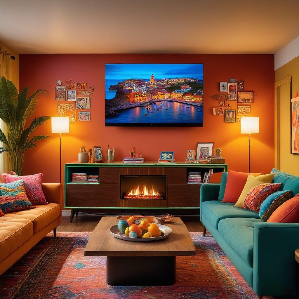 A vibrant living room scene showcasing a diverse group of friends gathered around a large TV, joyfully watching a selection of popular Latin shows on streaming platforms. Colorful decorations reflecting Latin culture, like bright cushions and wall art, enhance the atmosphere. Snacks and drinks are on the coffee table, creating a warm and inviting vibe. The glow from the TV screen casts dynamic lighting across the room, emphasizing joy and connection. super-realistic. vibrant colors. cozy ambiance.